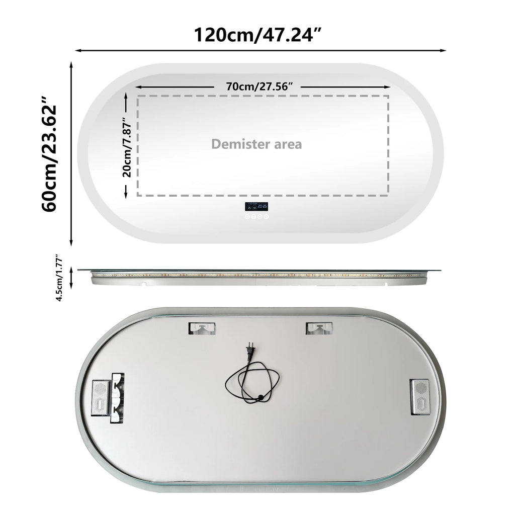 Oval LED Bathroom Mirror with Lights, Anti-Fog, Bluetooth Speaker, 3 Colors Temperature Lighted