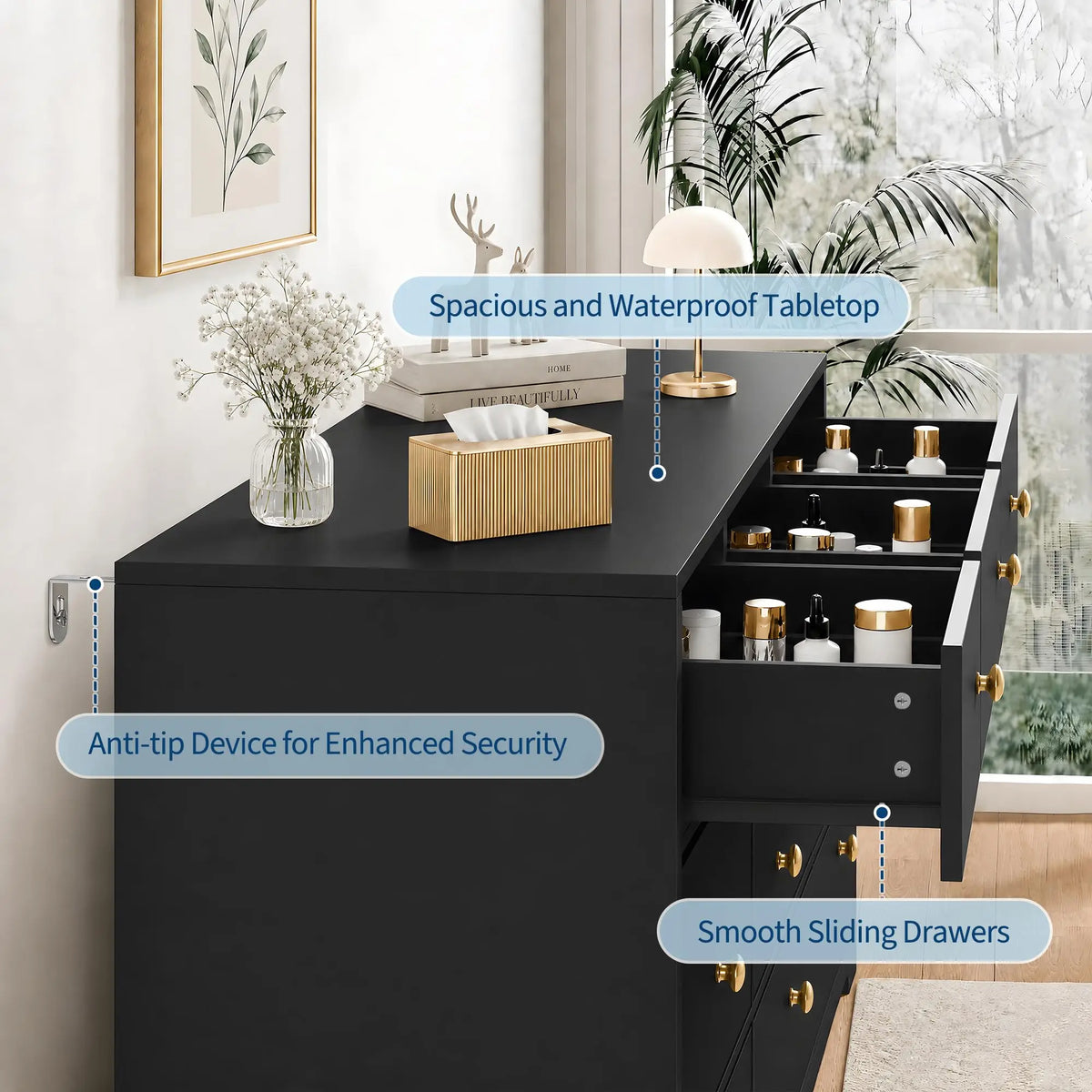 Wide nine-drawer dresser provides modern wood storage with elegant gold handles.