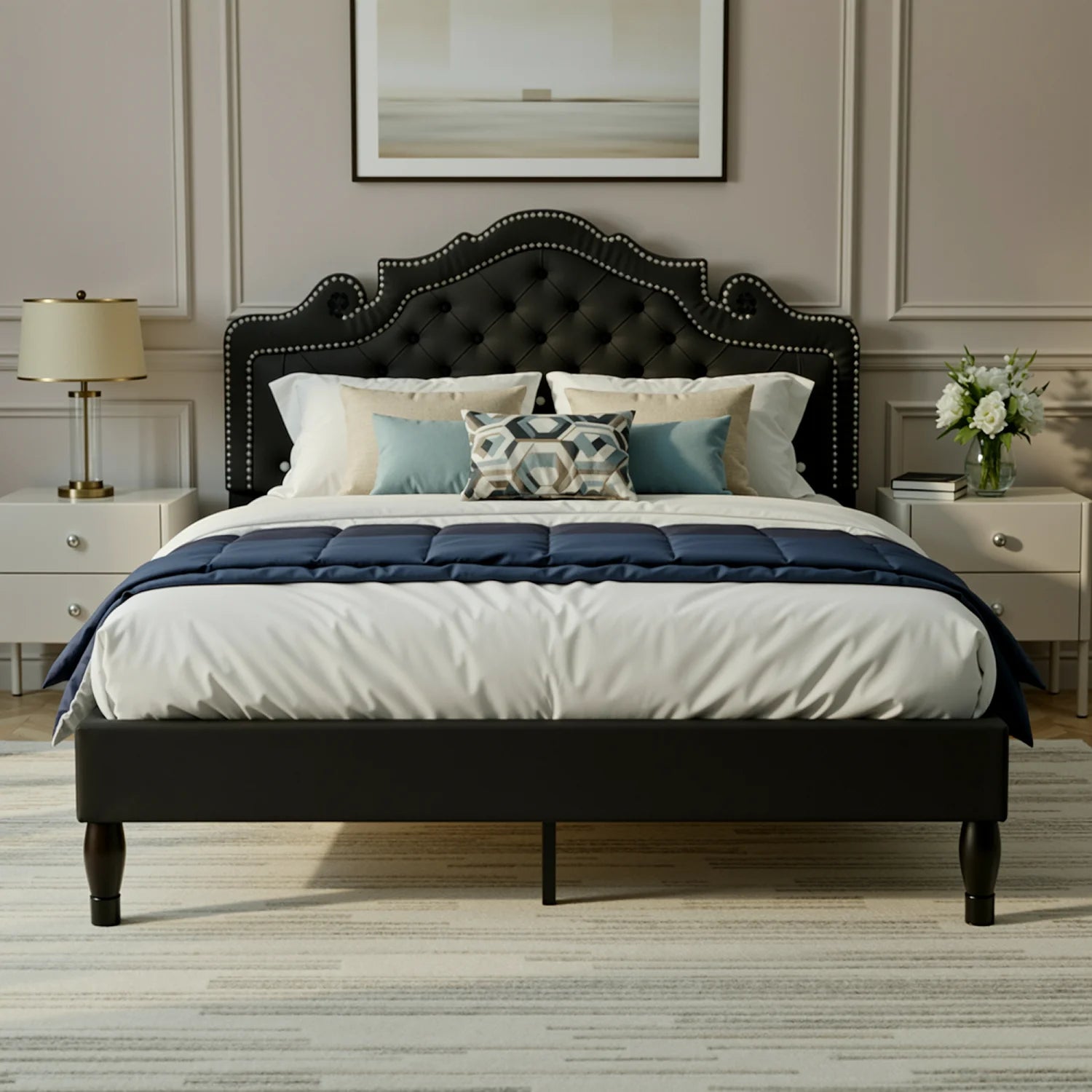 Full/Queen/King Size Velvet Bed Frame with Adjustable Tiara Headboard, Diamond Tufted Upholstered