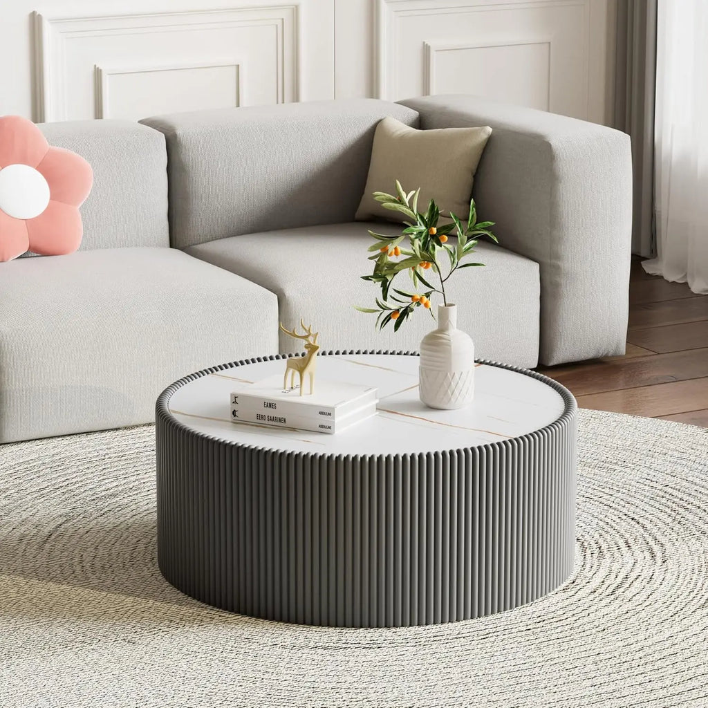 29.52" Grey Round Coffee Table Sintered Stone Top Fluted PU Leather Base