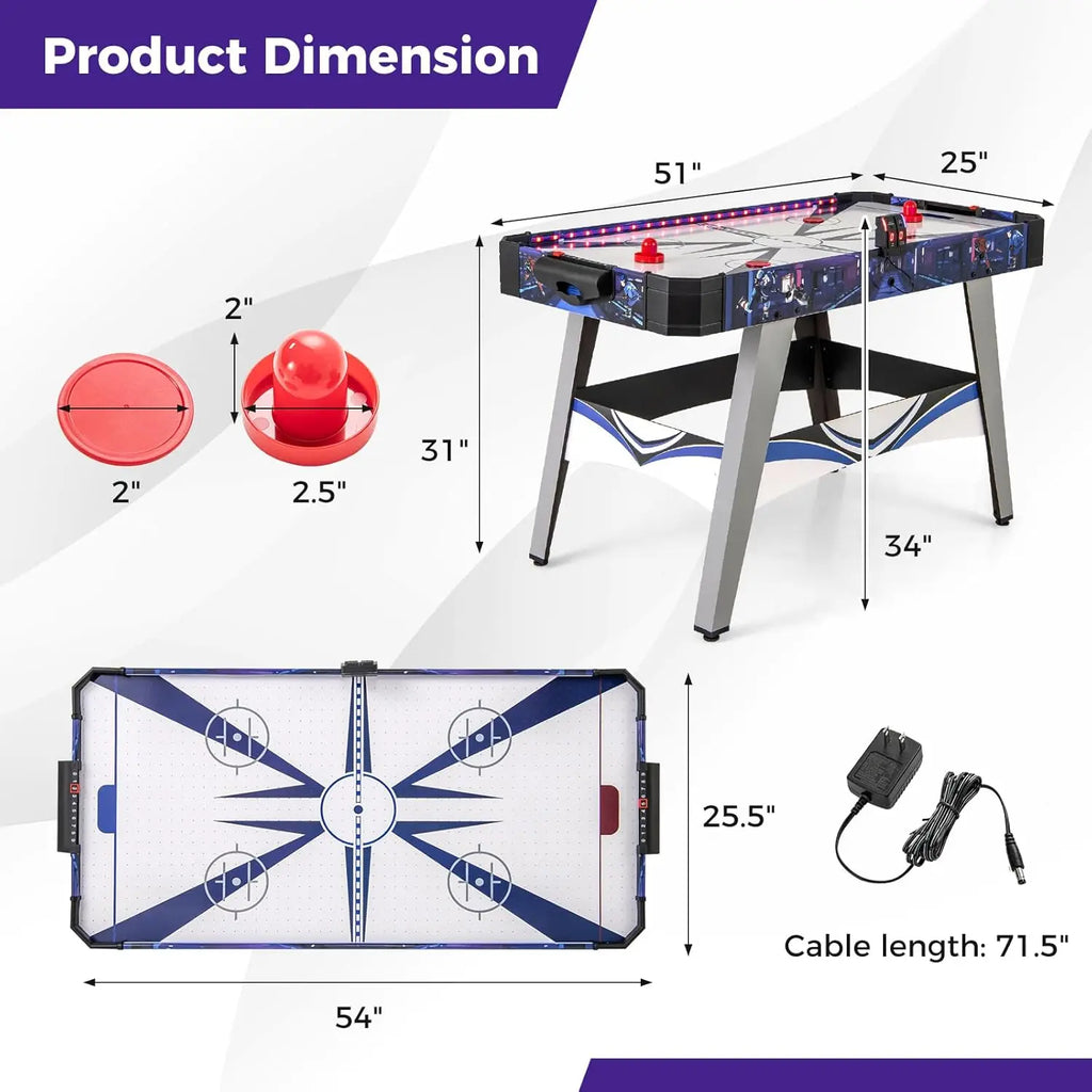 54' 12 Volt Air Hockey Table w/LED Scoreboard, Lights, 2 Pucks, 2 Pushers