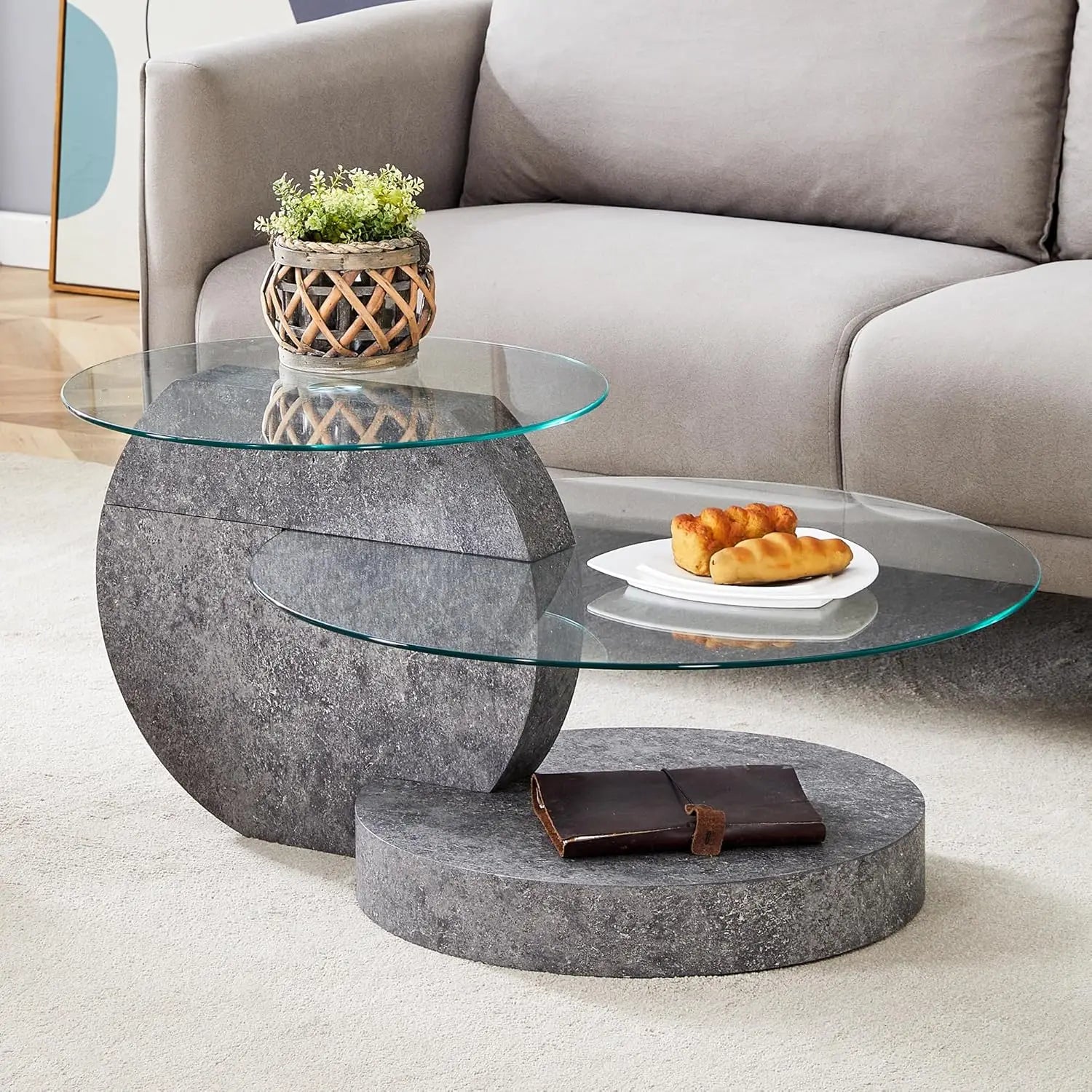 35" Round Tempered Glass Coffee Table. 3-Tier Design. Black Wooden Base.