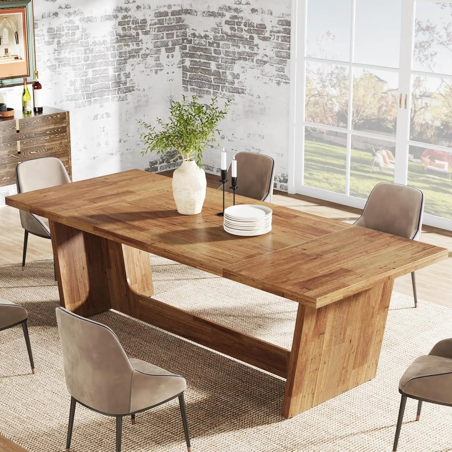 Dining Room Table with Solid Pedestal, Rustic Long Dinner Table