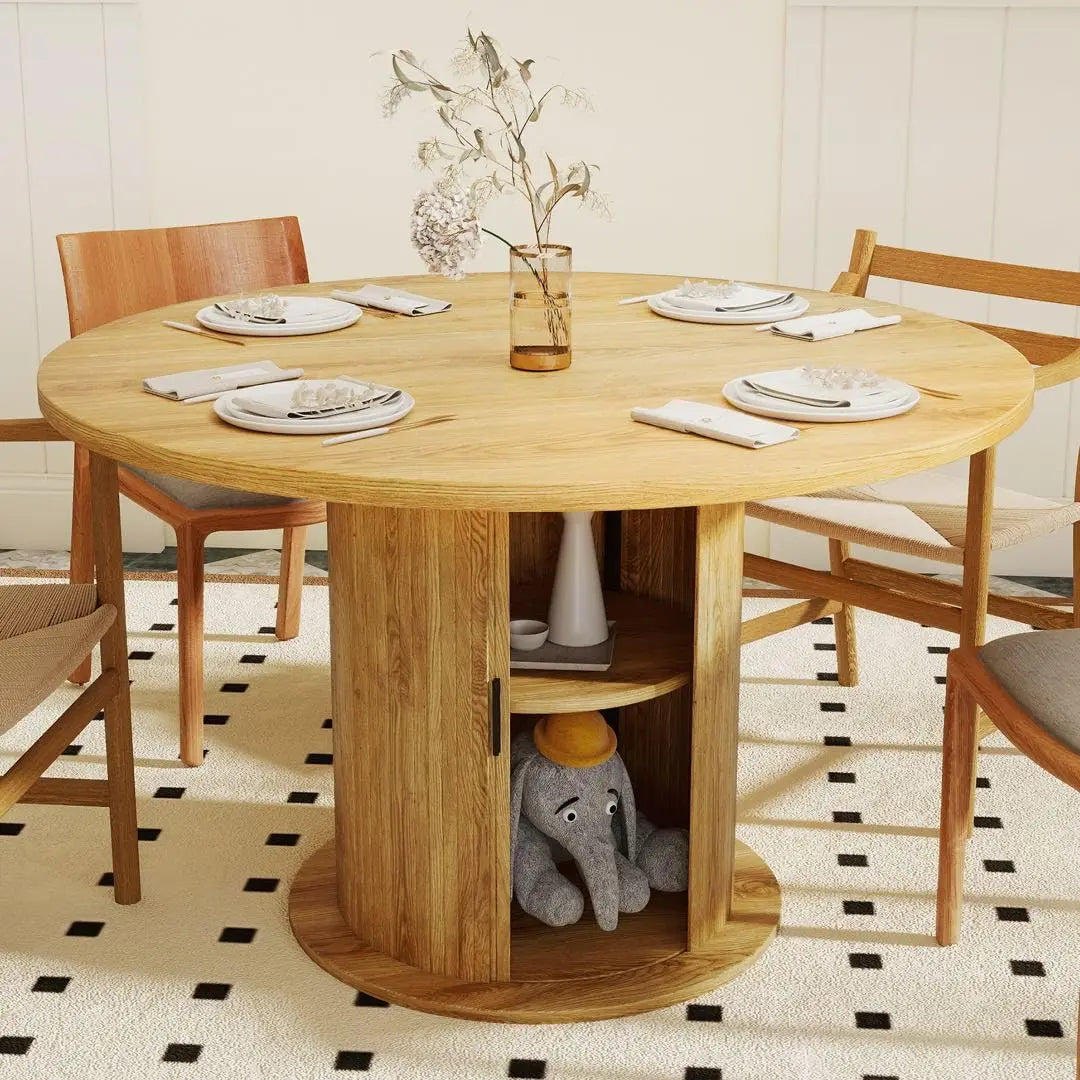 47" Round Dining Table with Storage, Wood Strip Base