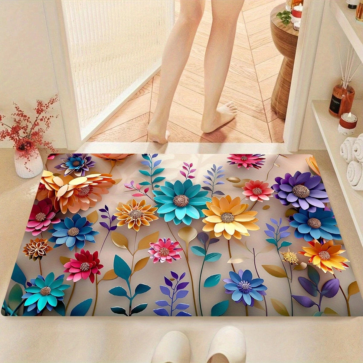 1pc multi-color floral print design bathroom mat, anti-slip, super absorbent and quick-drying shower floor mat,