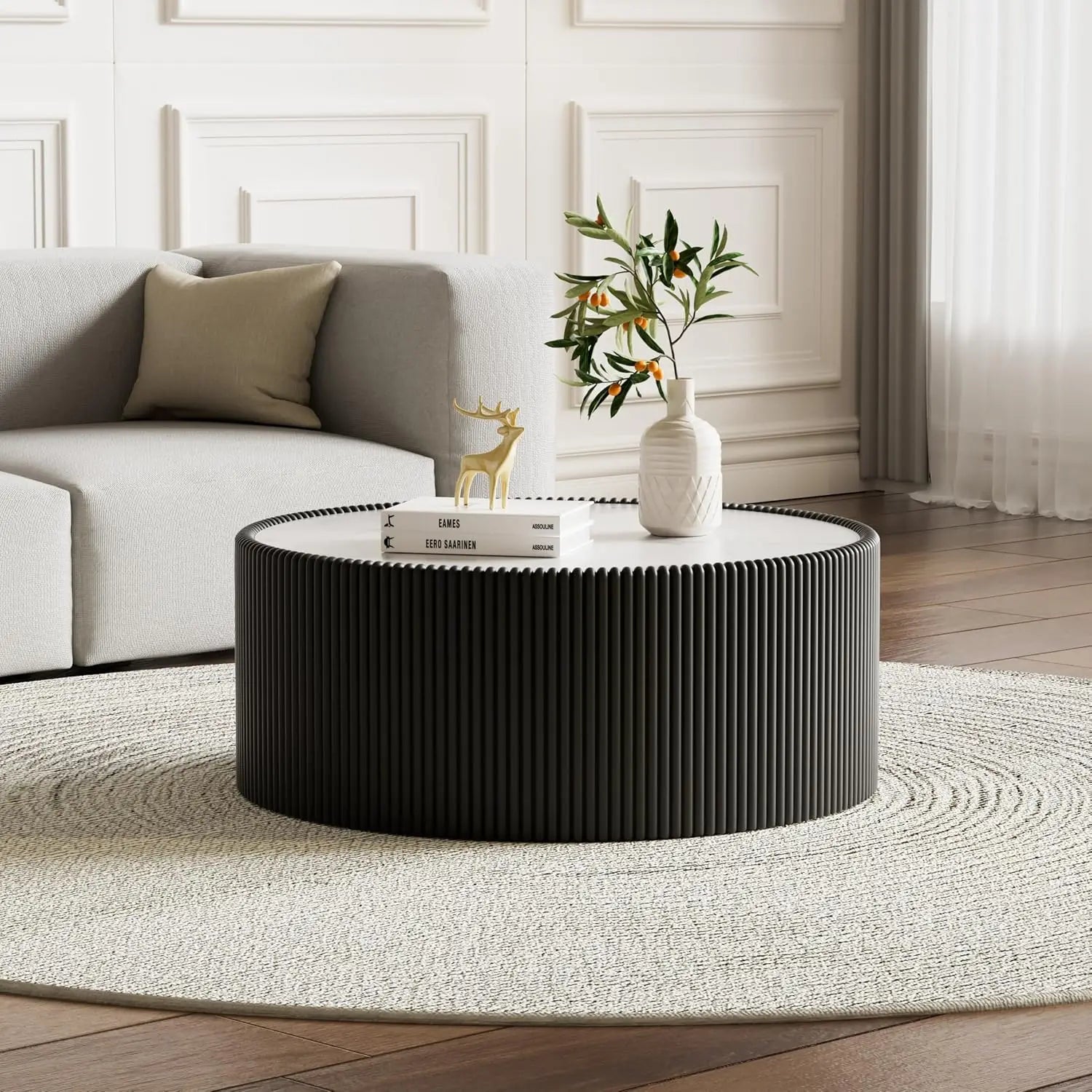 29.52" Grey Round Coffee Table Sintered Stone Top Fluted PU Leather Base