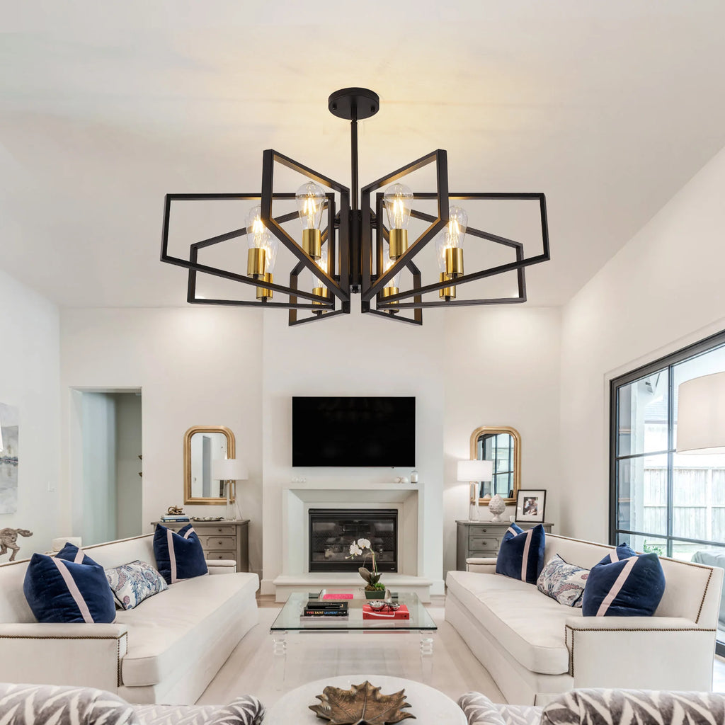 Modern 8-Light Gold and black Geometric Chandelier Adjustable Height Metal Pendant Light