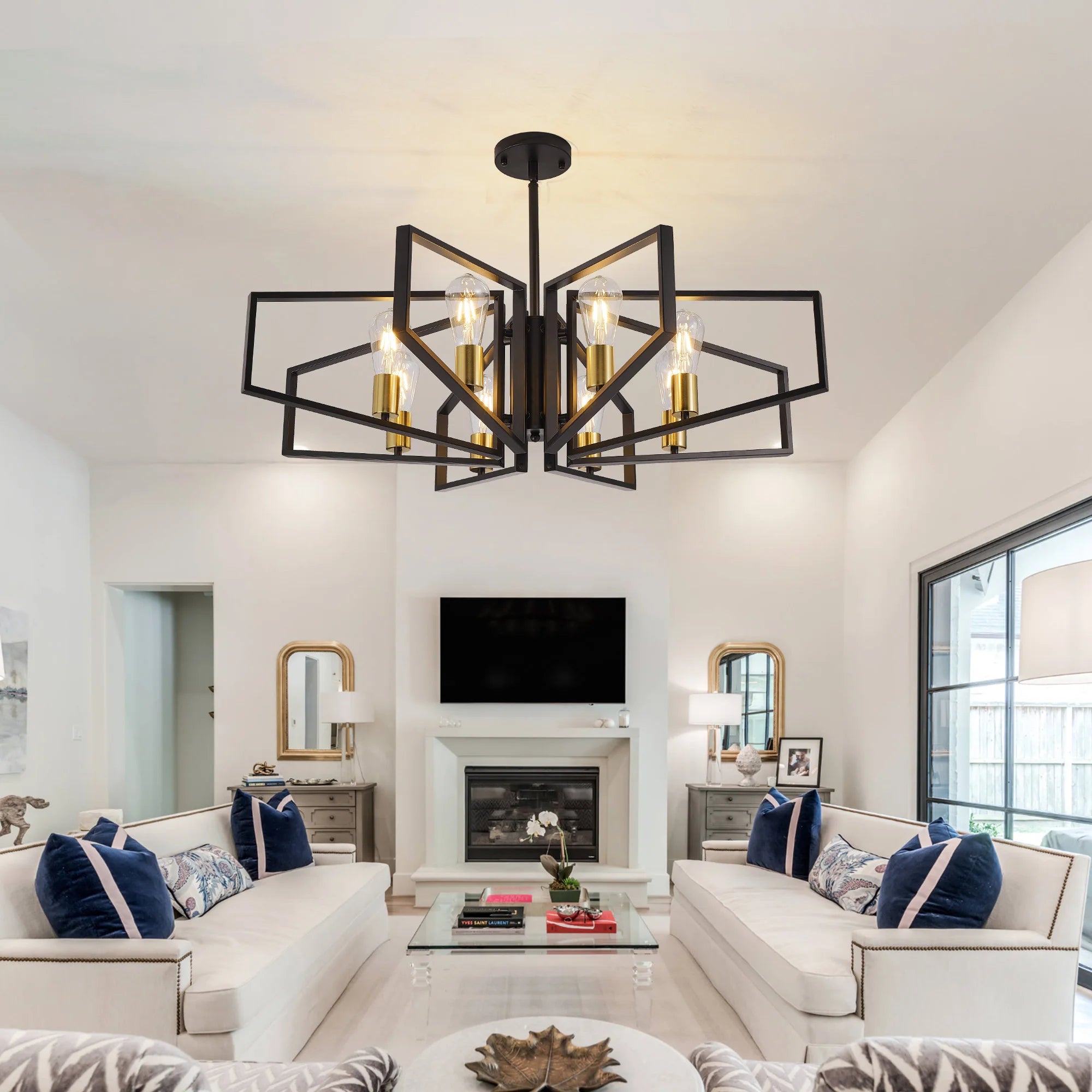 Modern 8-Light Gold and black Geometric Chandelier Adjustable Height Metal Pendant Light