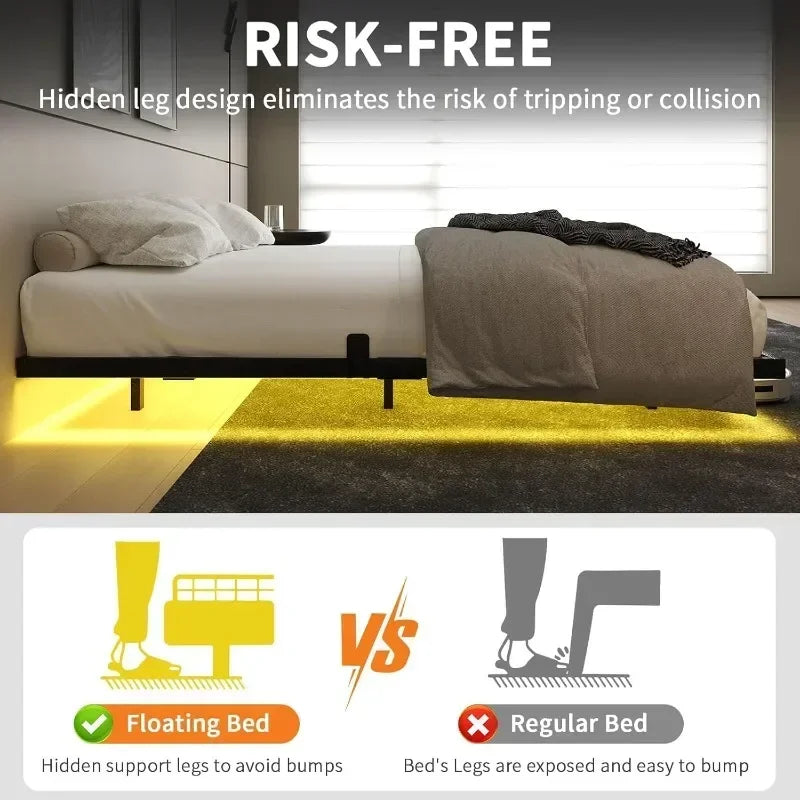 Floating Bed Frame Queen with LED Lights, Modern Metal Platform,