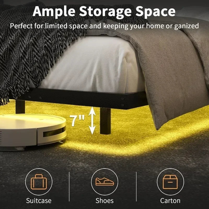Floating Bed Frame Queen with LED Lights, Modern Metal Platform,