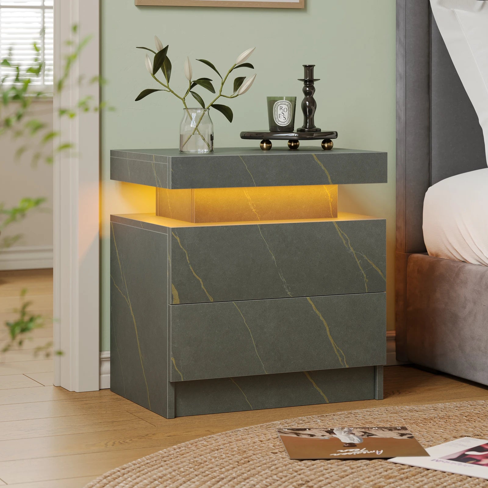 Nightstands with 2 Drawers, End Table with RGB LED Lights