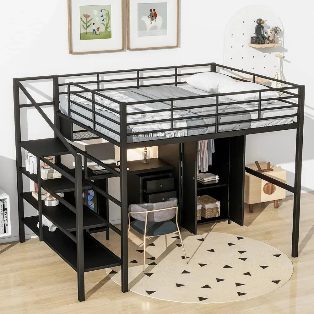 Full Size Loft Bed with Desk, Wardrobe & Stairs - Heavy Duty Metal Frame