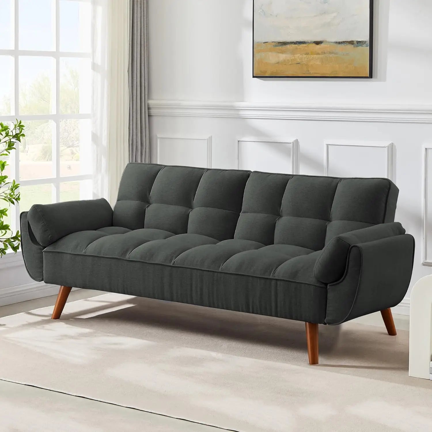75" Linen Twin Size Futon Sofa Bed. Adjustable Split Backrest