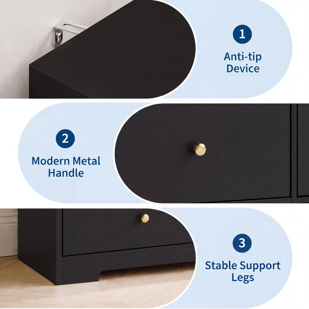 Wide nine-drawer dresser provides modern wood storage with elegant gold handles.