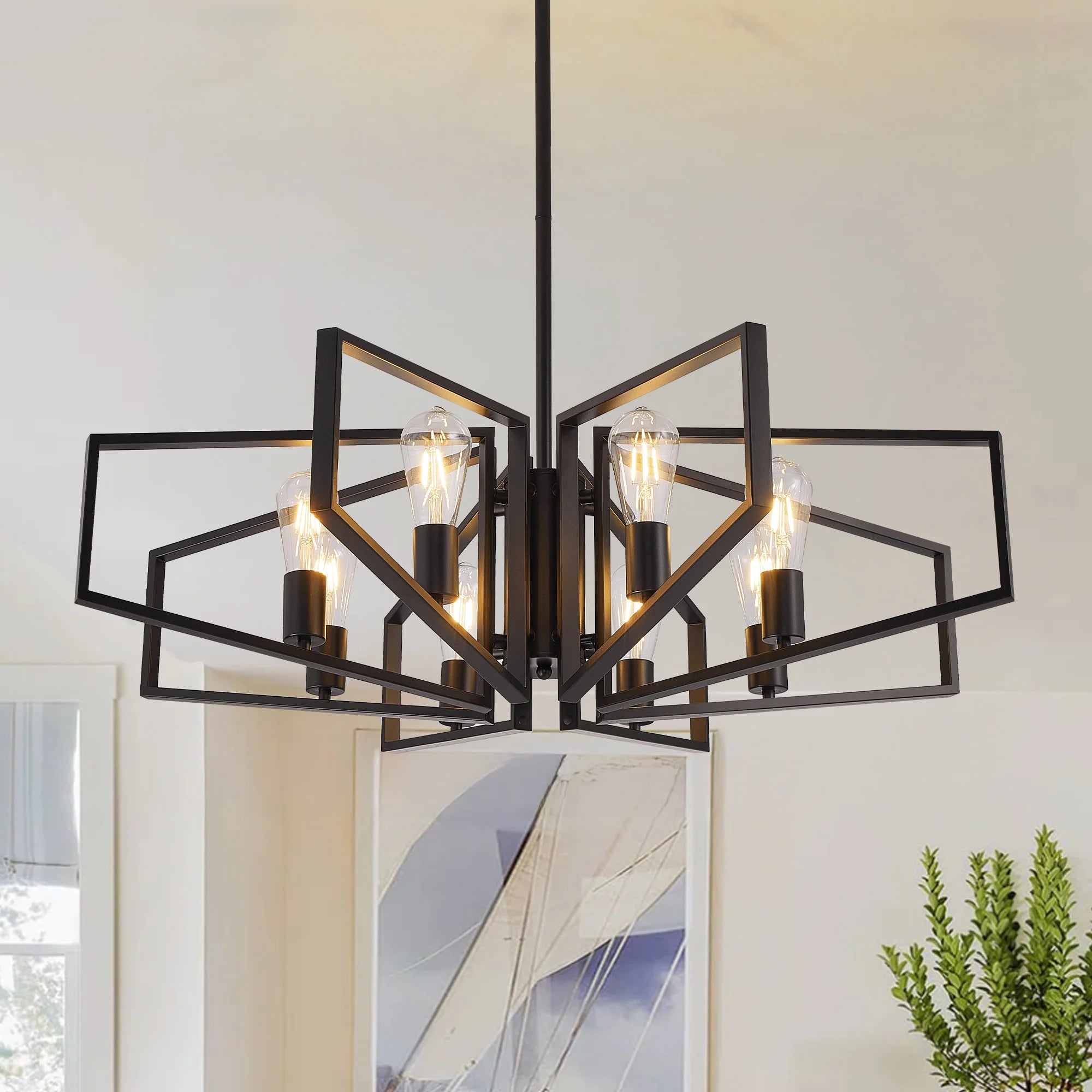 Modern 8-Light Gold and black Geometric Chandelier Adjustable Height Metal Pendant Light
