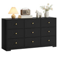 Wide nine-drawer dresser provides modern wood storage with elegant gold handles.