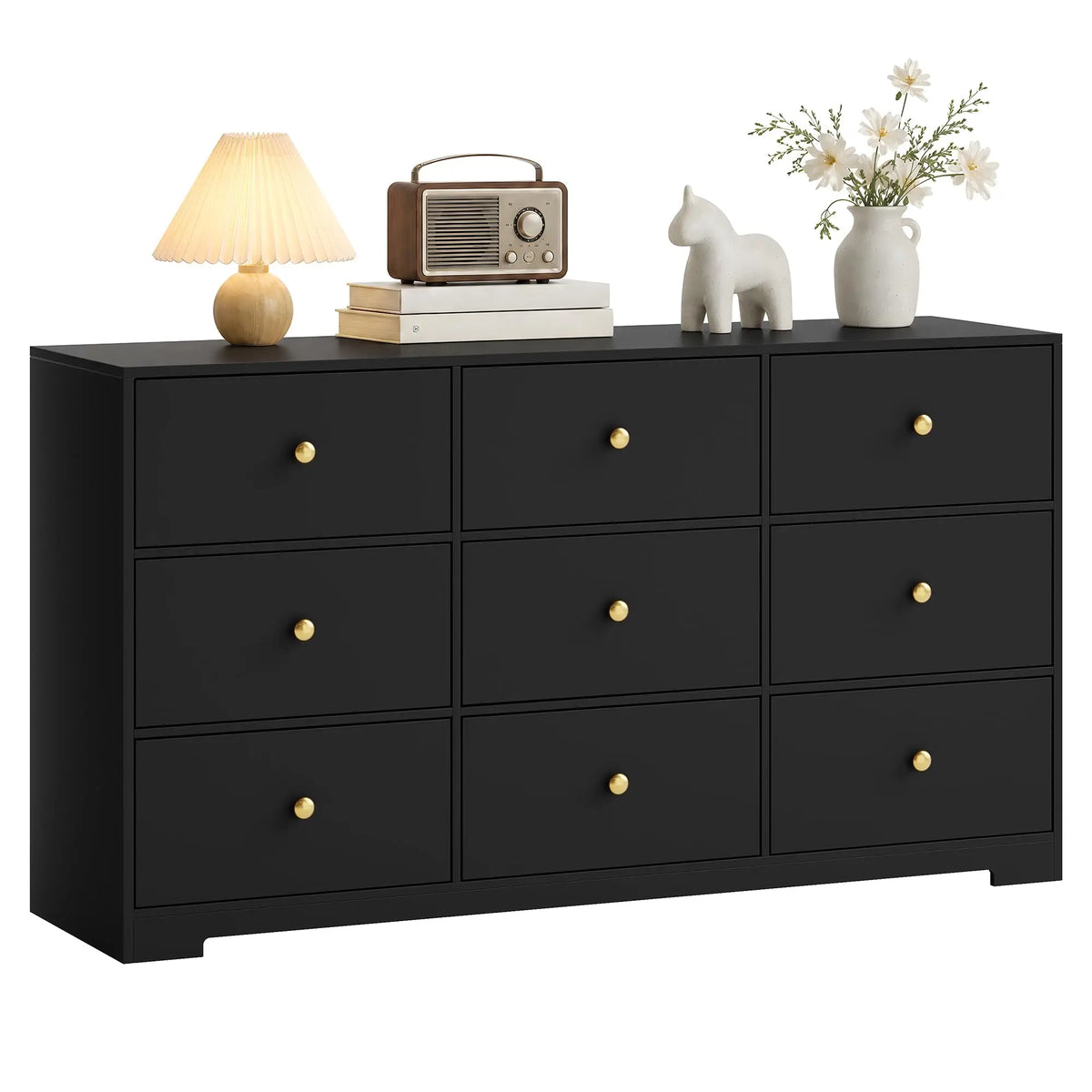 Wide nine-drawer dresser provides modern wood storage with elegant gold handles.