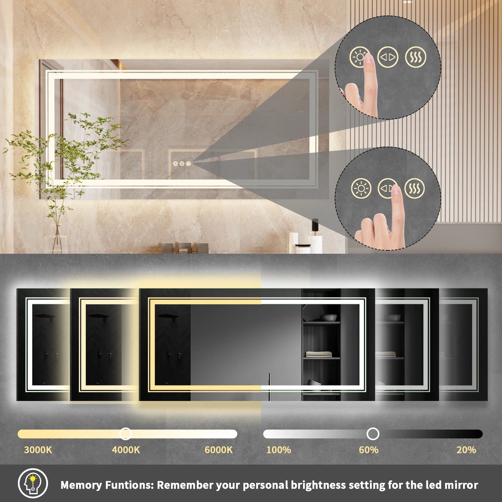 Extra Large Rectangle Bathroom Mirror LED Vanity Dimmable Backlit Anti-Fog