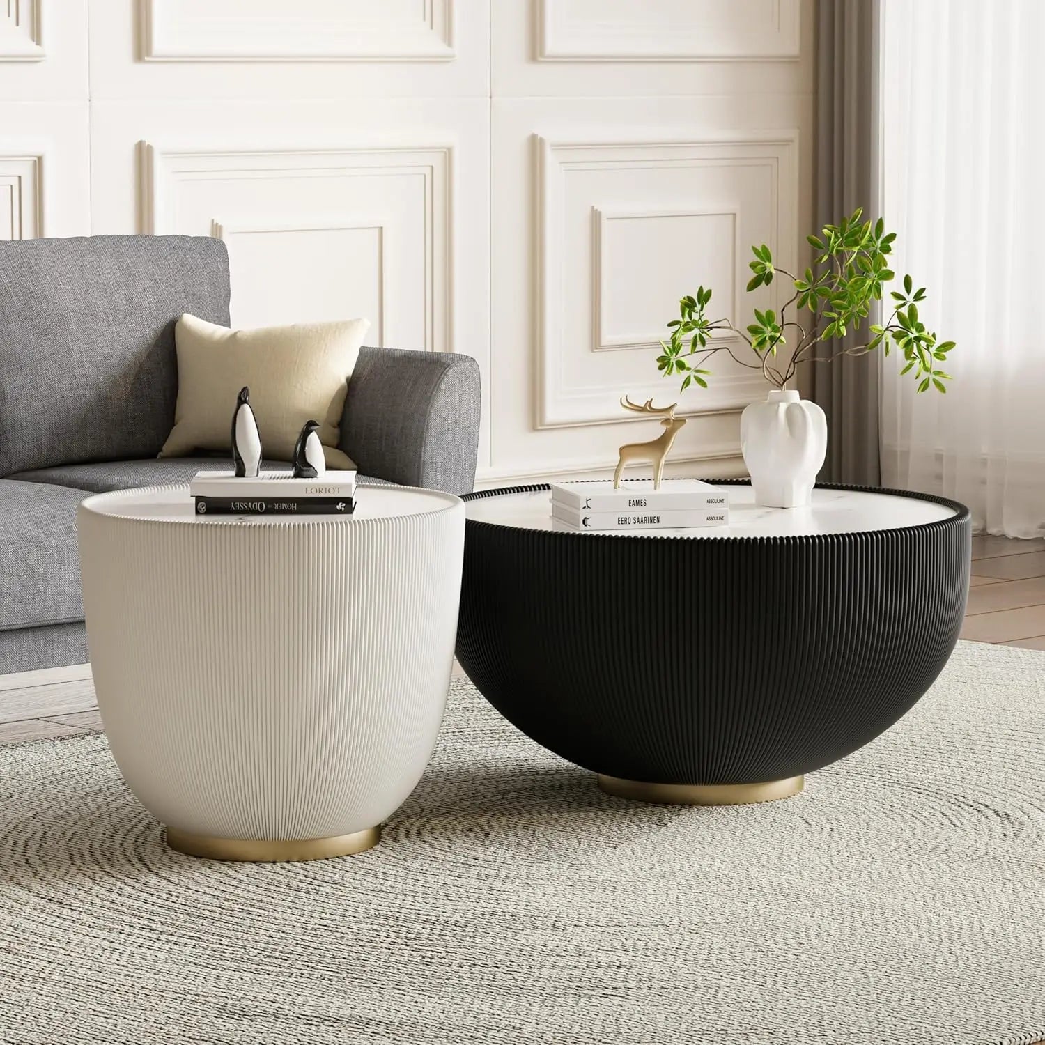 29.52" Grey Round Coffee Table Sintered Stone Top Fluted PU Leather Base