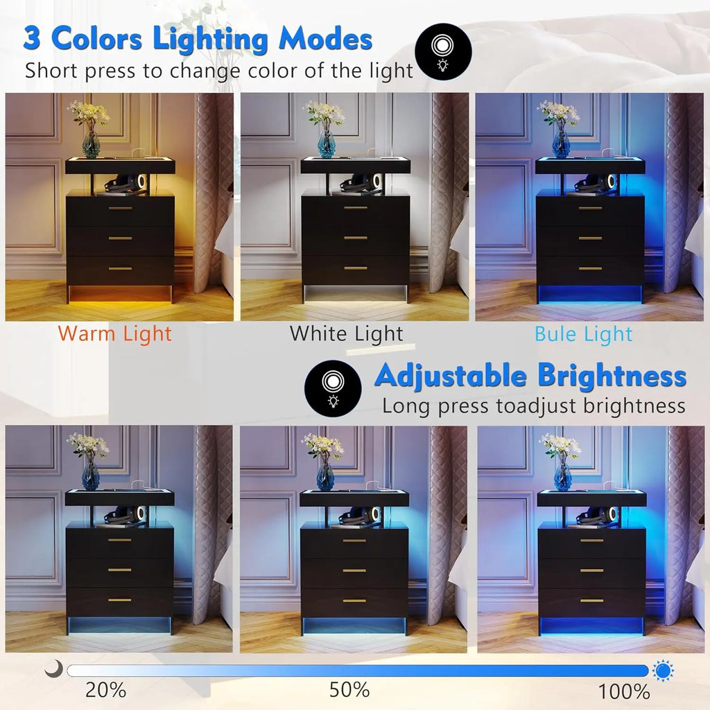 2 Set Nightstands with Wireless Charging Station for Bedroom, Auto Sensor 3 Color Dimmable LED End Table, Modern, Customized