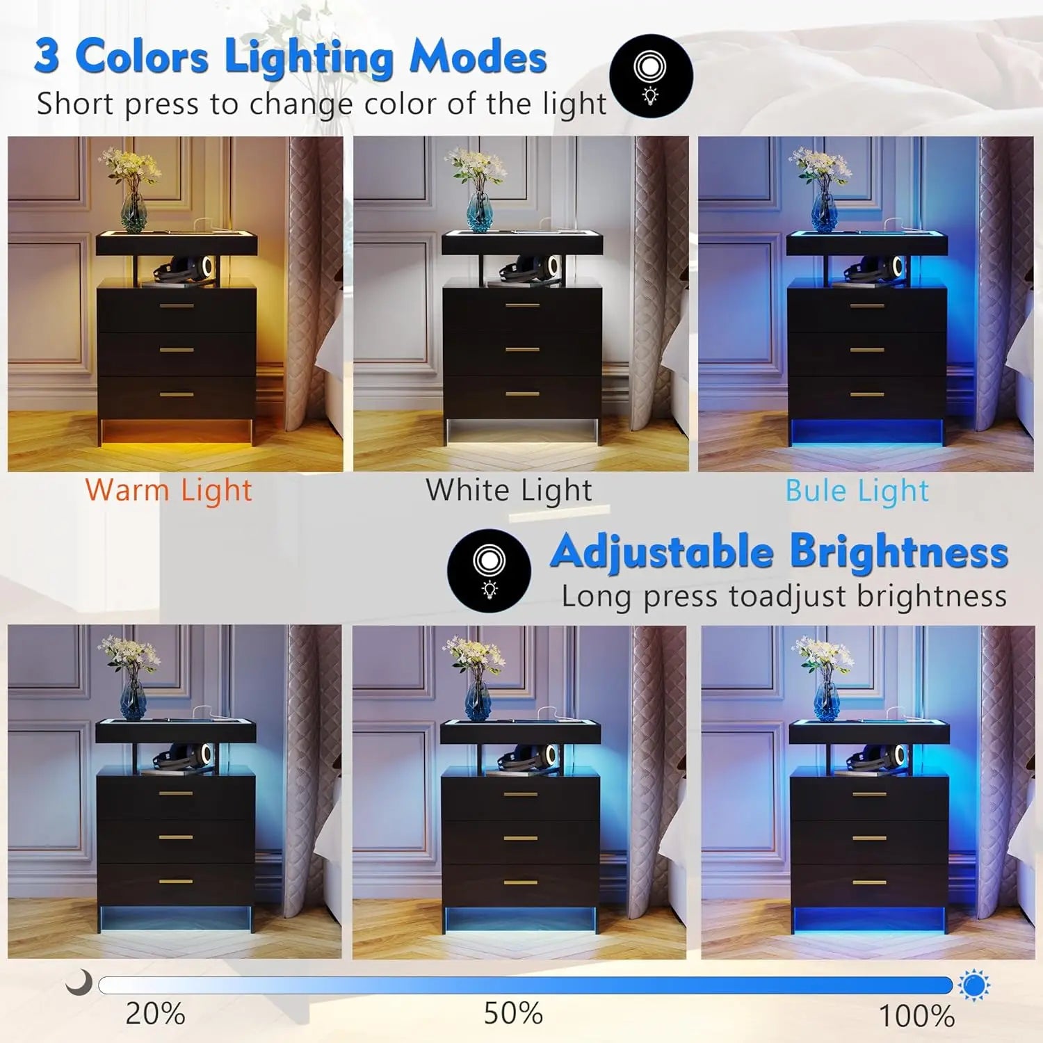 2 Set Nightstands with Wireless Charging Station for Bedroom, Auto Sensor 3 Color Dimmable LED End Table, Modern, Customized