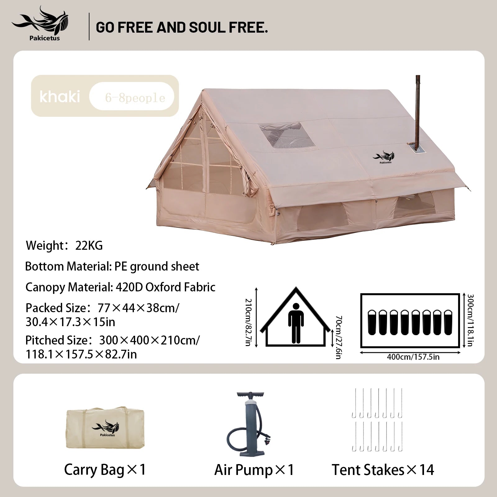 Pakicetus Quick Setup Inflatable Camping Tent, Waterproof Family Tent for 4-8 Persons,