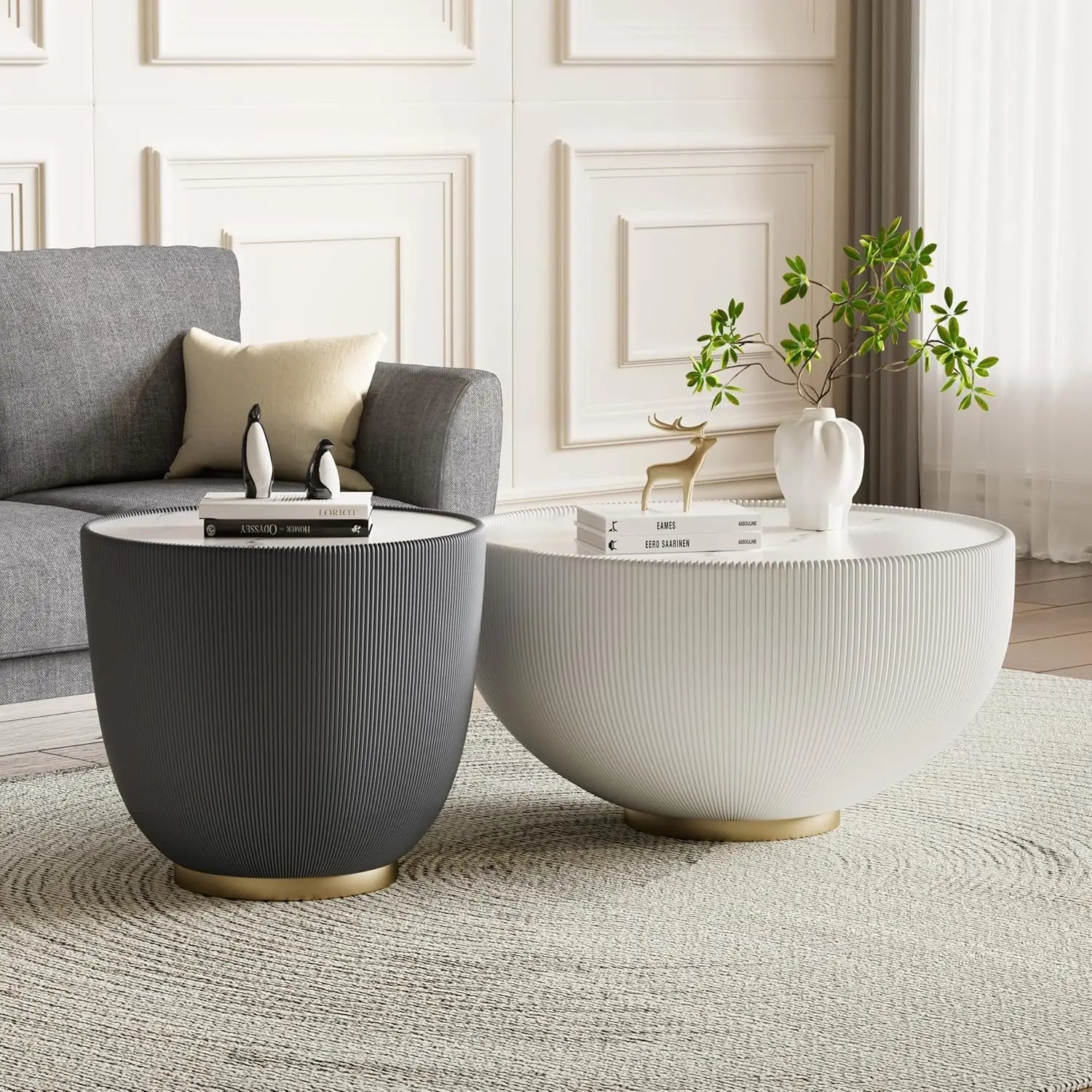 29.52" Grey Round Coffee Table Sintered Stone Top Fluted PU Leather Base