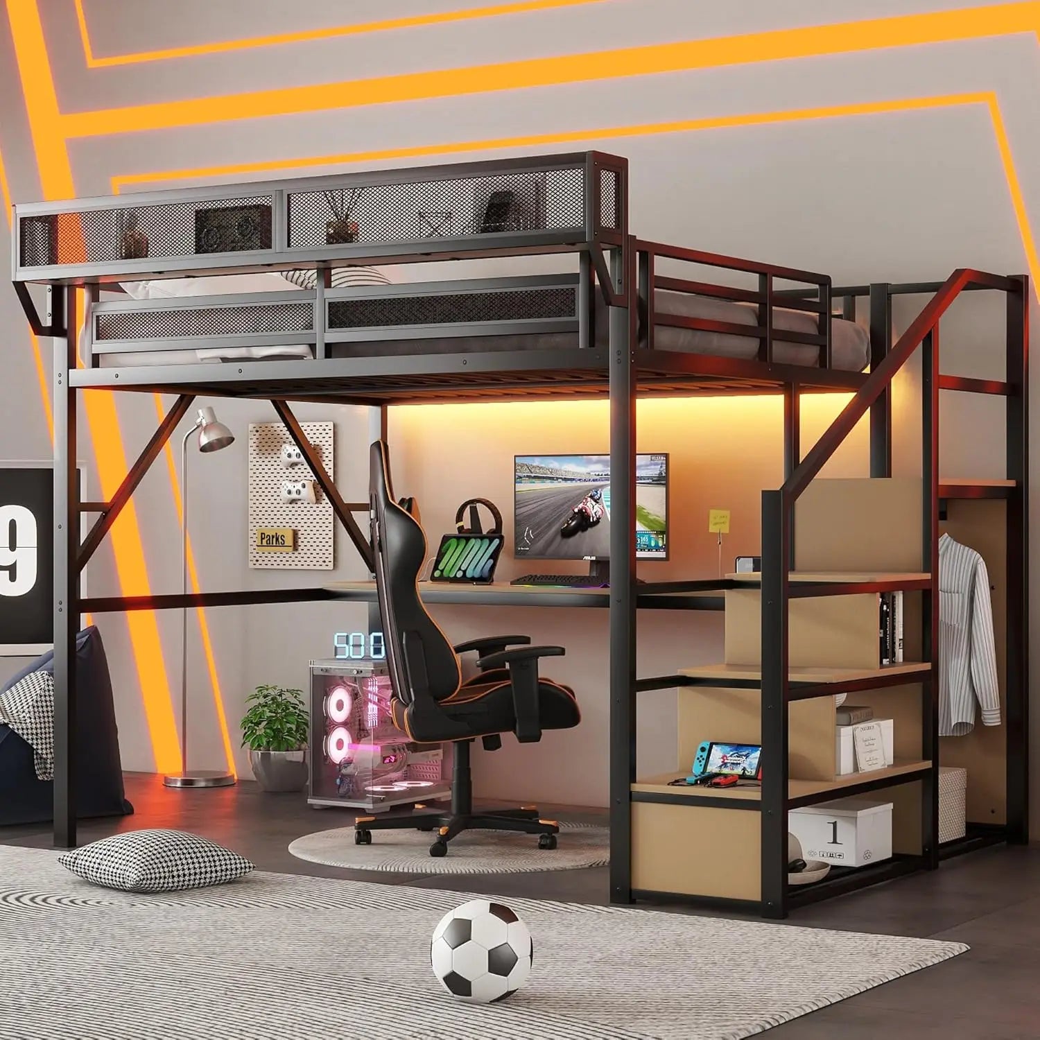 Queen Size Metal Loft Bed Frame With Stairs & Storage,