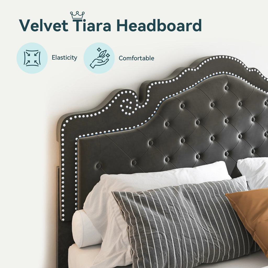 Full/Queen/King Size Velvet Bed Frame with Adjustable Tiara Headboard, Diamond Tufted Upholstered