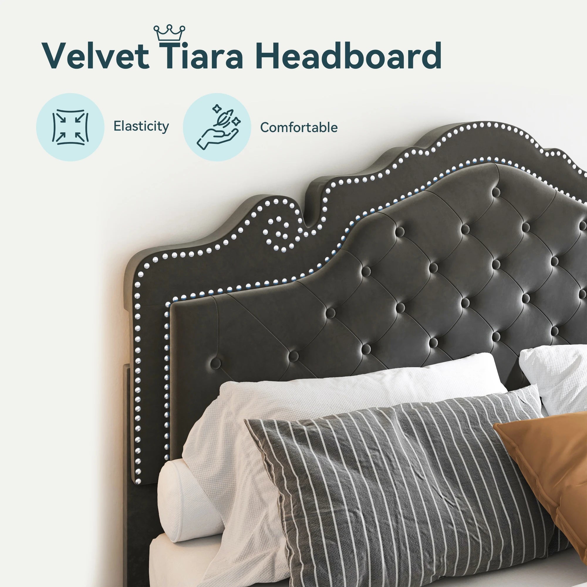 Full/Queen/King Size Velvet Bed Frame with Adjustable Tiara Headboard, Diamond Tufted Upholstered