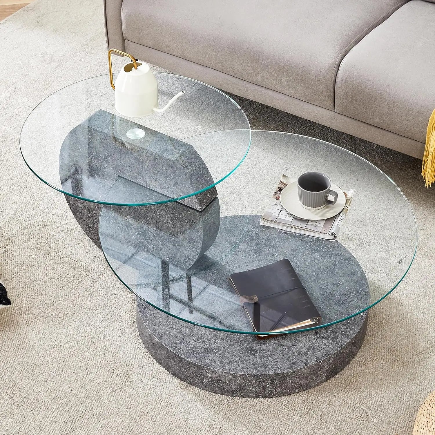 35" Round Tempered Glass Coffee Table. 3-Tier Design. Black Wooden Base.