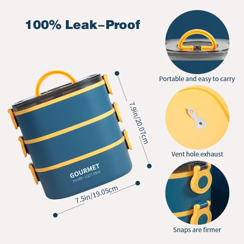Lunch box, stackable 3-layer food container, leak-proof, microwave safe