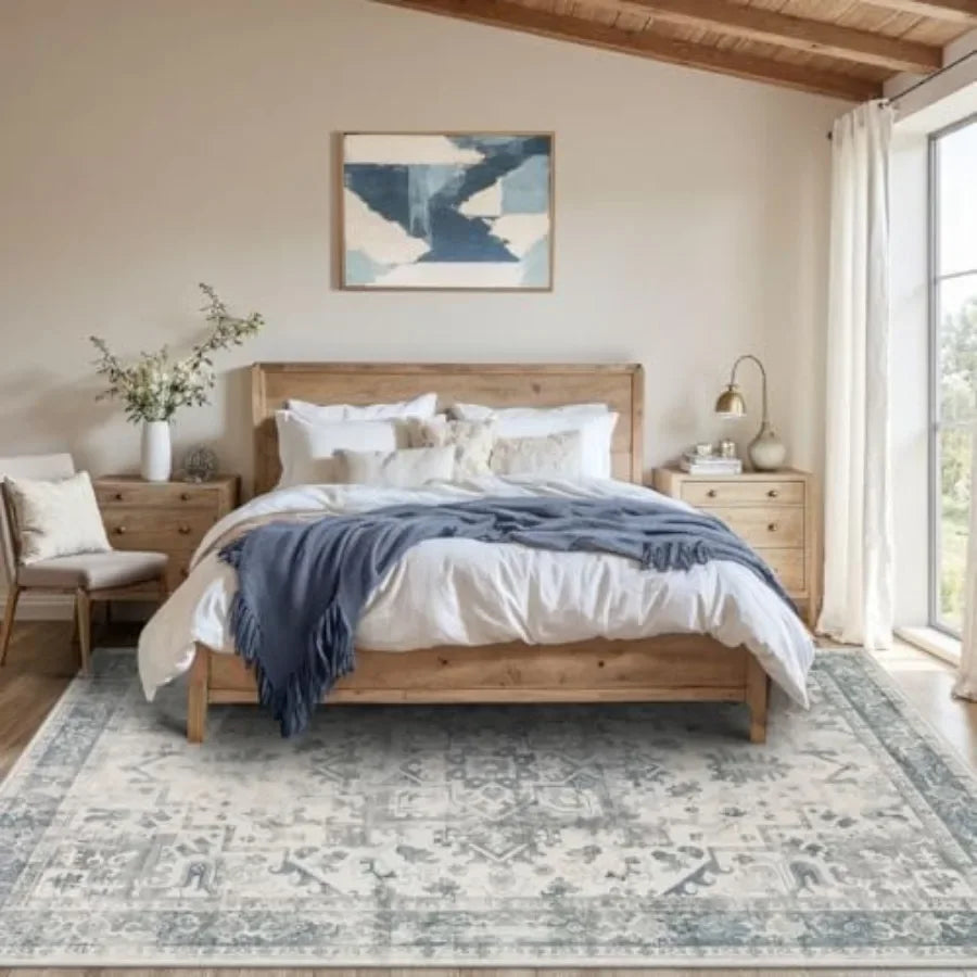 Area Rugs 5x7, Washable Rugs, Vintage Boho Light Blue Rug.