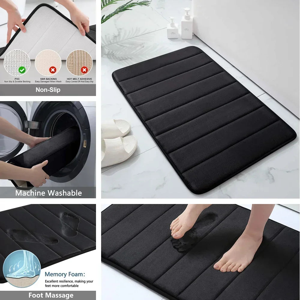 Black Memory Foam Bath Mat Soft Comfortable Super Water Absorption Non-Slip