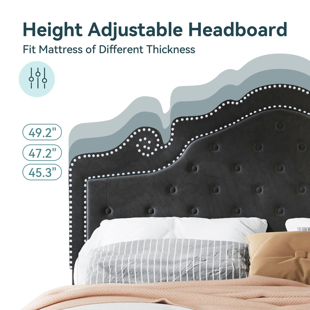 Full/Queen/King Size Velvet Bed Frame with Adjustable Tiara Headboard, Diamond Tufted Upholstered