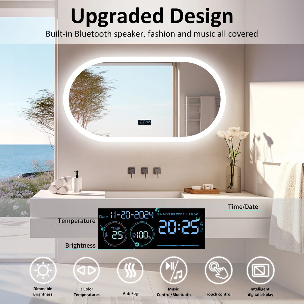 Oval LED Bathroom Mirror with Lights, Anti-Fog, Bluetooth Speaker, 3 Colors Temperature Lighted