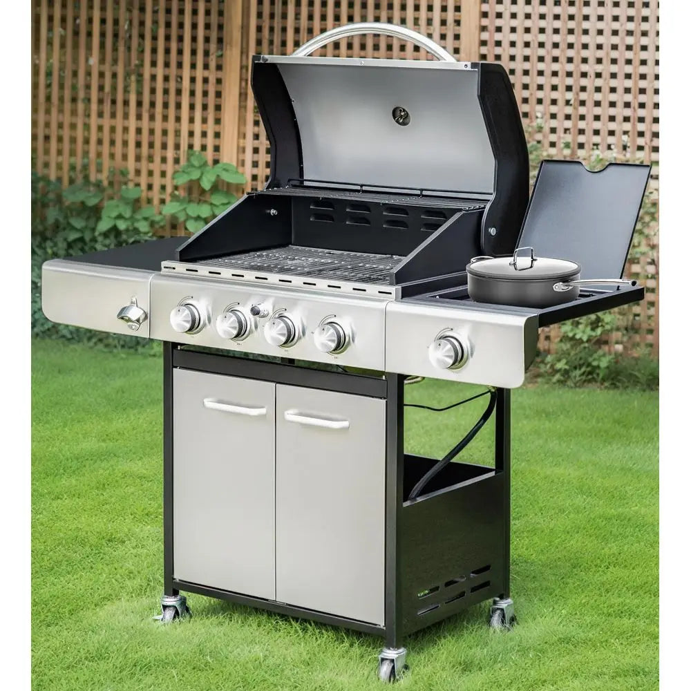 4 Burner BBQ Gas Grill with Side Burner, Stainless Steel Propane Grills