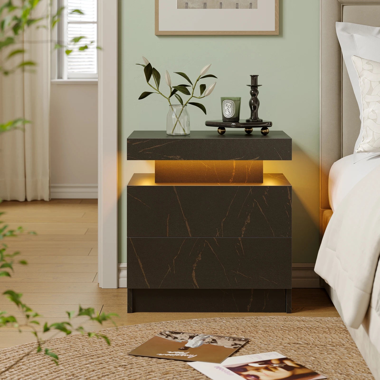 Nightstands with 2 Drawers, End Table with RGB LED Lights
