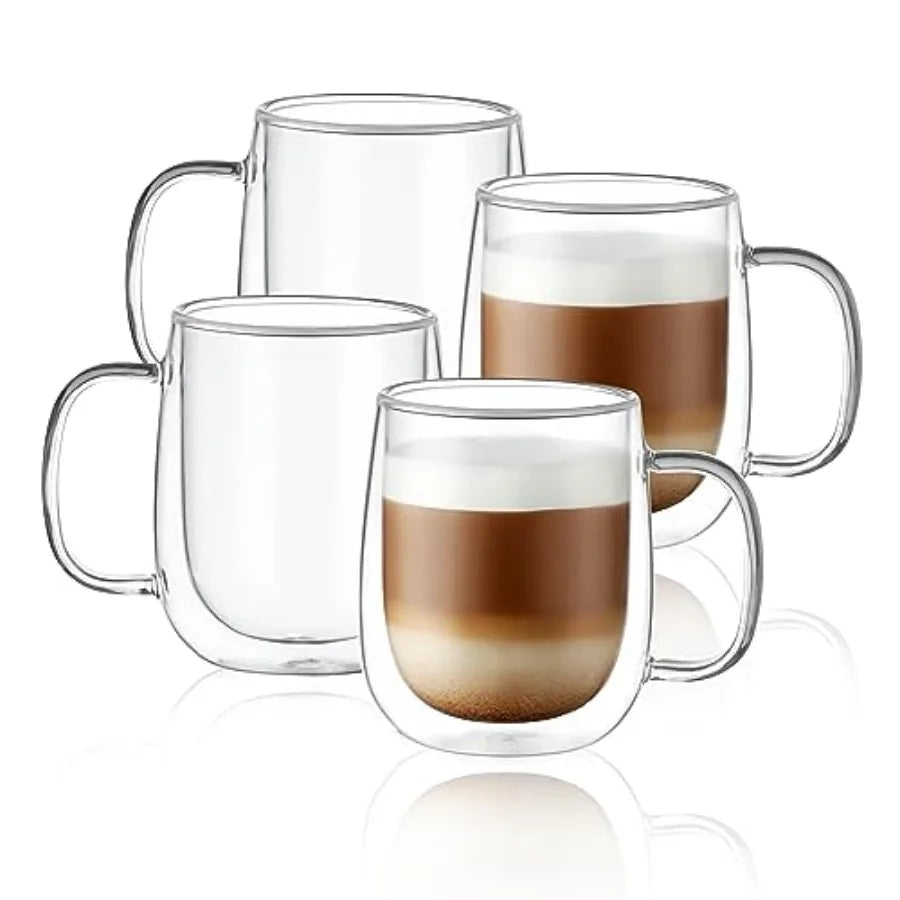 Glass Coffee Mugs 12oz, Double Wall Insulated Mug Set with Handle