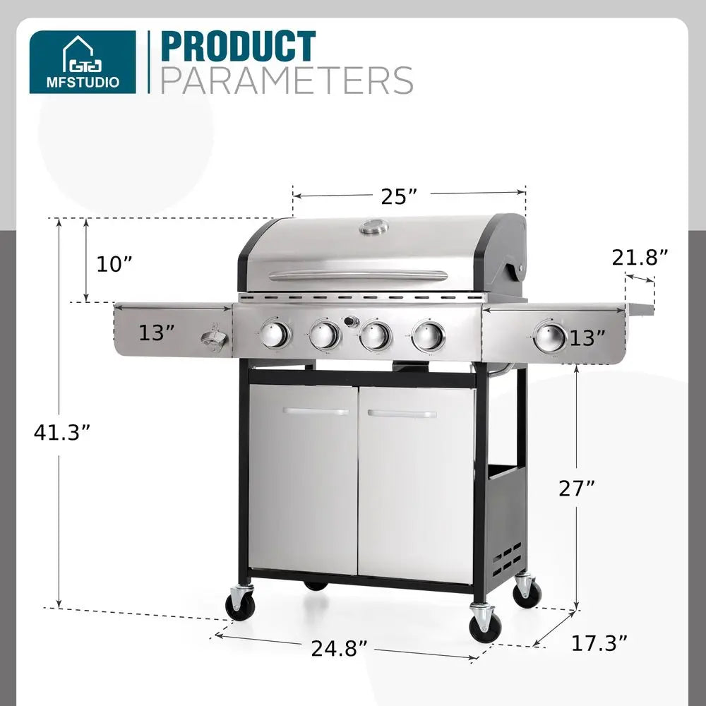 4 Burner BBQ Gas Grill with Side Burner, Stainless Steel Propane Grills