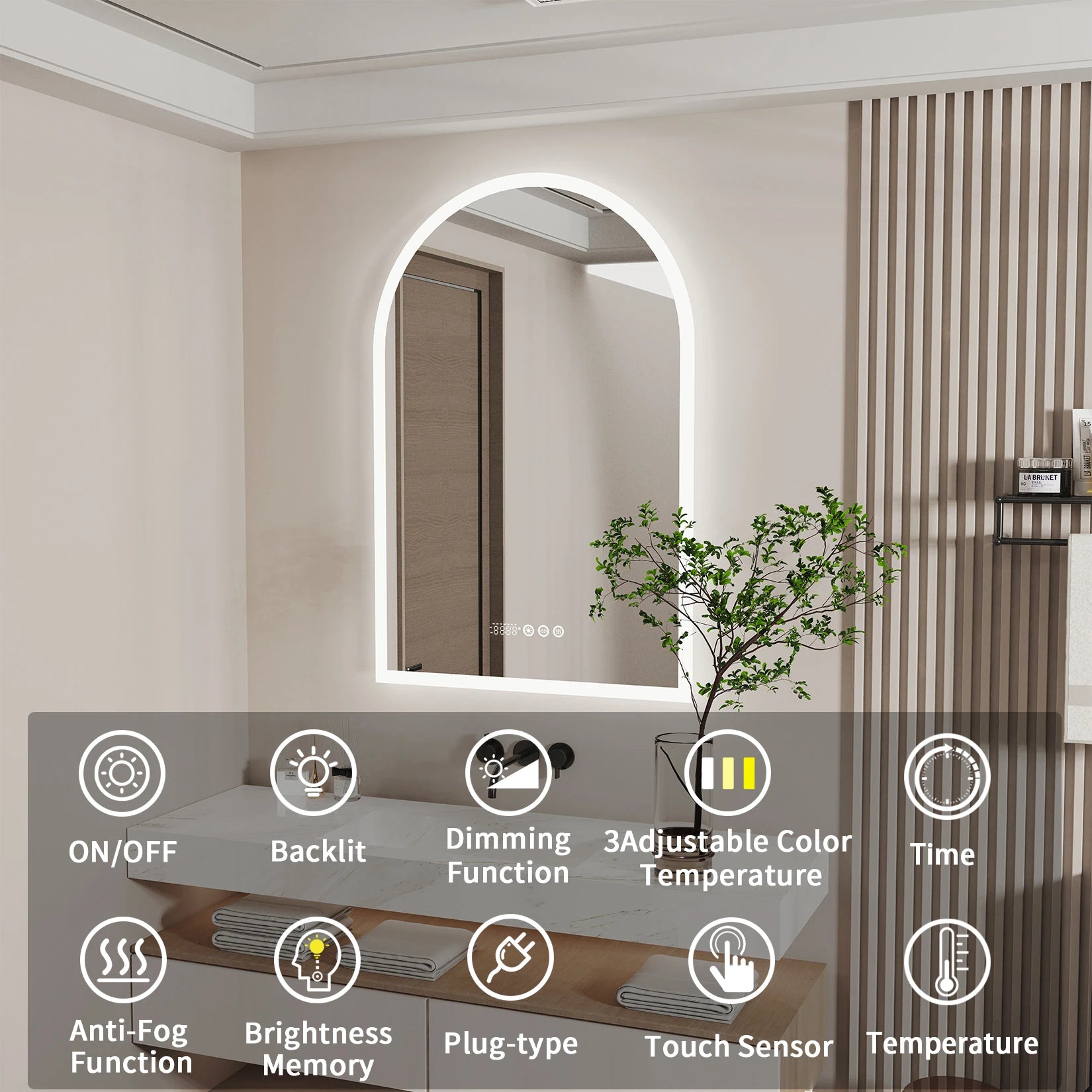 Backlit Smart LED Bathroom Mirror: 36 x 24 Inch Arched Dimmable 3 Colors Anti-Fog