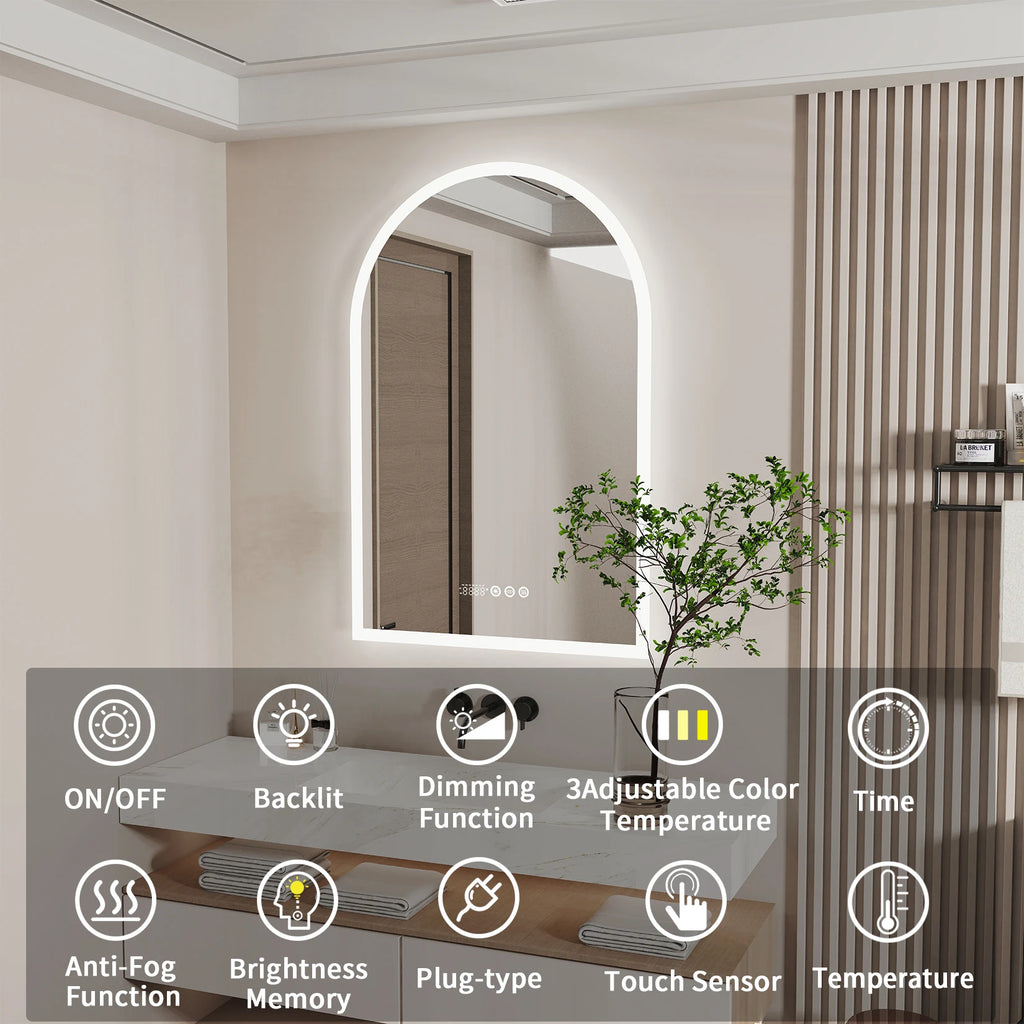 Backlit Smart LED Bathroom Mirror: 36 x 24 Inch Arched Dimmable 3 Colors Anti-Fog