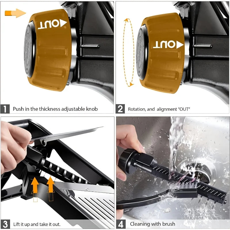 Stainless Steel Slicer /5 Blades & Holder - Safe Hand Guard Food Chopper.
