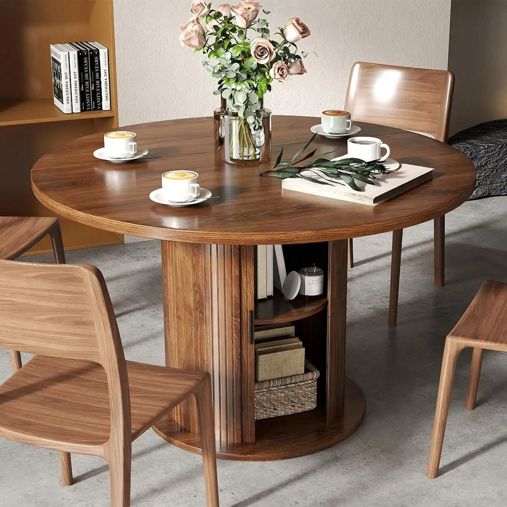 47" Round Dining Table with Storage, Wood Strip Base