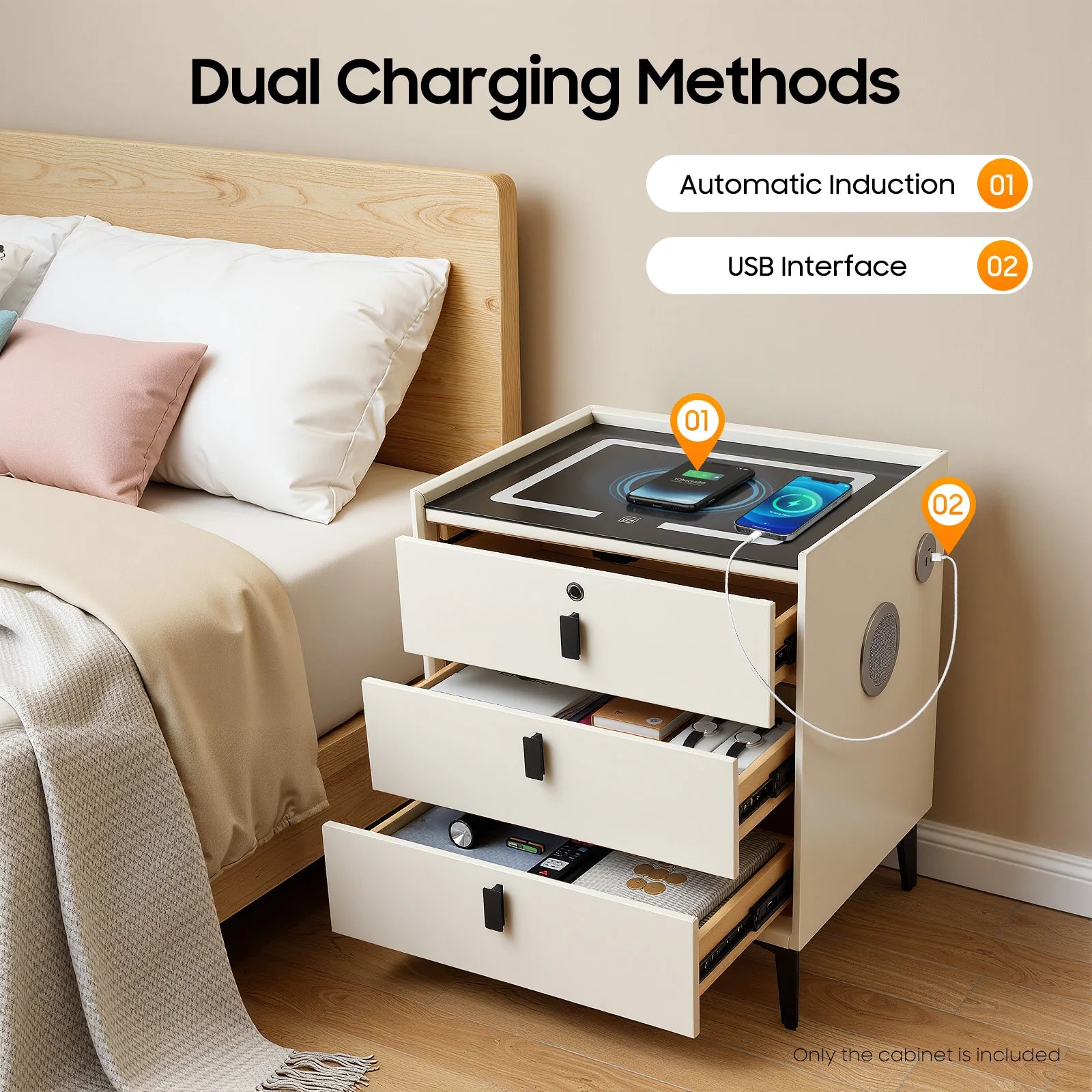 Smart Nightstand/Built-in Bluetooth Speaker, Fingerprint Lock/Wireless Phone Charging