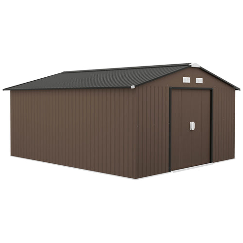 13' x 11' Steel Outdoor Utility Storage Tool Shed for Backyard Garden, Brown
