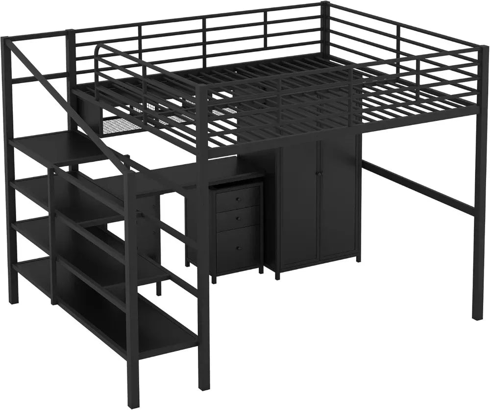 Full Size Loft Bed with Desk, Wardrobe & Stairs - Heavy Duty Metal Frame