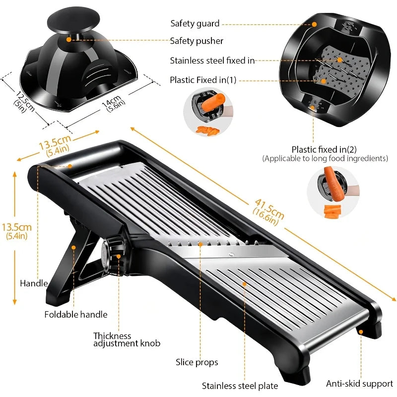 Stainless Steel Slicer /5 Blades & Holder - Safe Hand Guard Food Chopper.