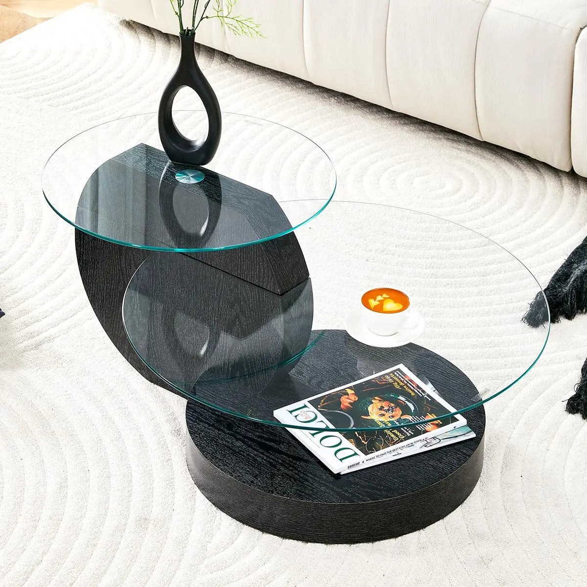 35" Round Tempered Glass Coffee Table. 3-Tier Design. Black Wooden Base.