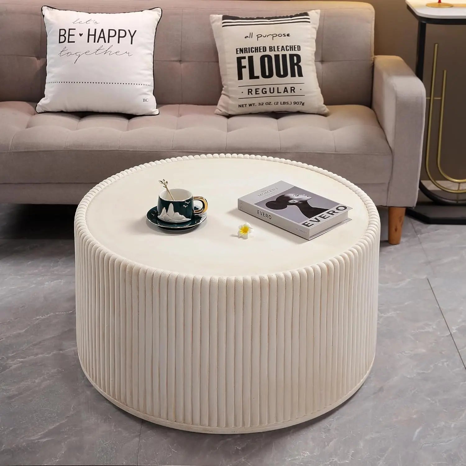 29.52" Grey Round Coffee Table Sintered Stone Top Fluted PU Leather Base